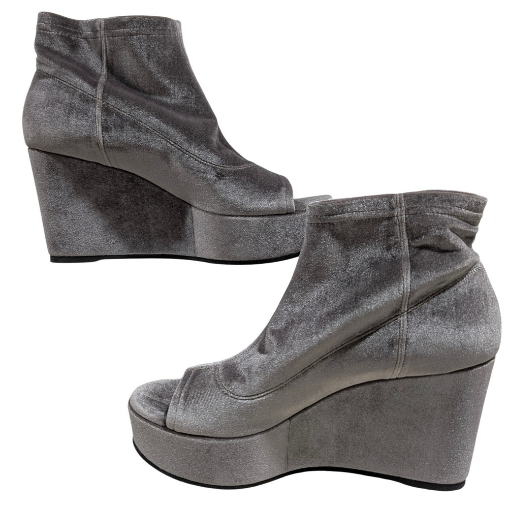 Dee Keller Italy Silver Grey Velvet Peep Toe Platform Wedge Ankle Boots 41 US 10 - Picture 2 of 10